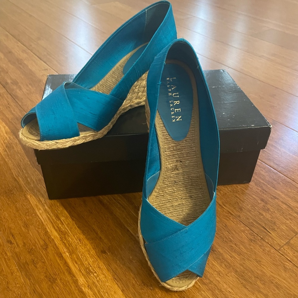 Lauren Ralph Lauren Cecilia Turquoise Shantung espadrilles.